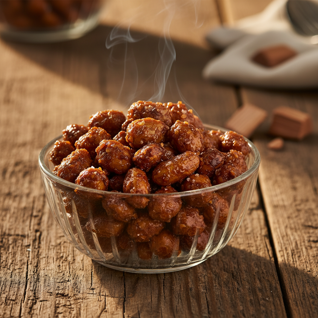 Smoked Maple Peanuts in a glass bowl
