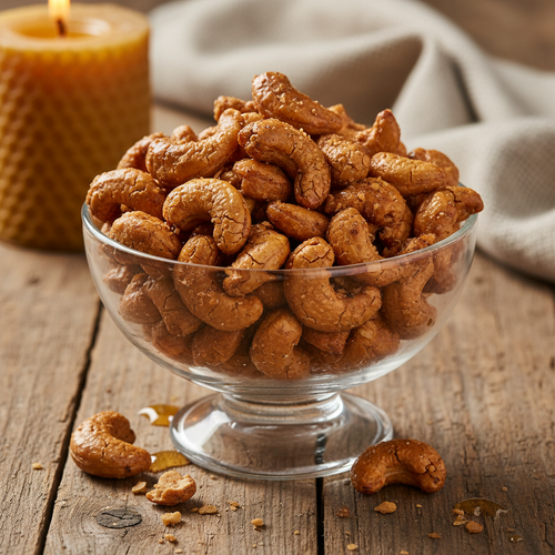 Honey Smoked Cashews in a glass bowl