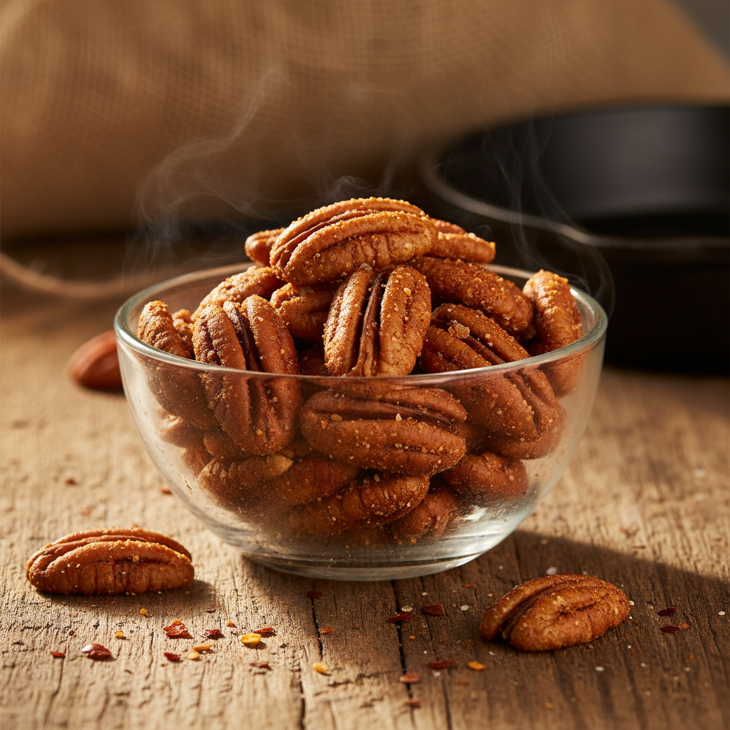 Smoked Chili Pecans in a glass bowl