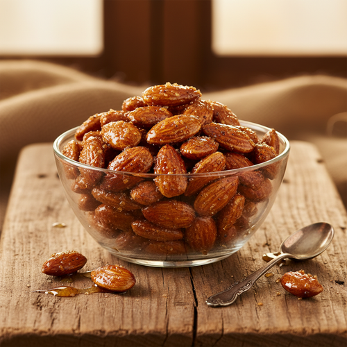 Honey Smoked Almonds in a glass bowl