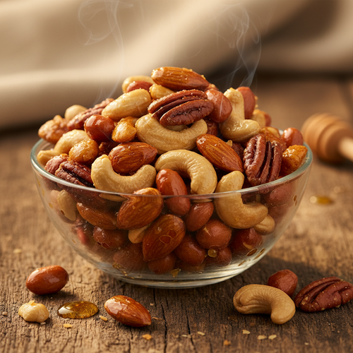 Honey Smoked Mixed Nuts in a glass bowl